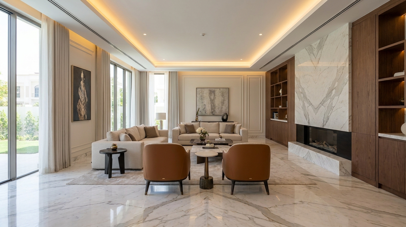 Dubai Hills villa renovation planning with developer NOC considerations, marble flooring, and lighting coordination