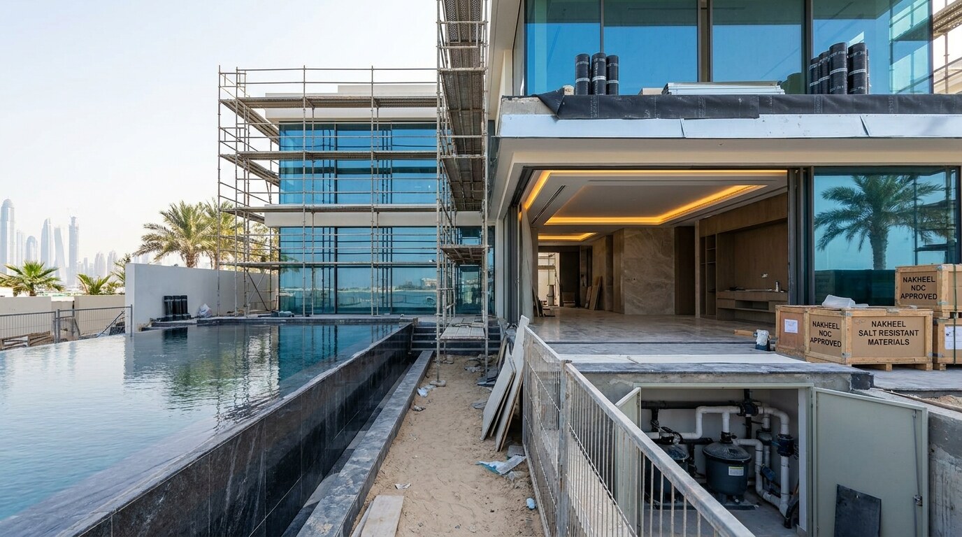 Palm Jumeirah Villa Renovation Costs: Why Island Work Adds 15 to 40 Percent visual reference 1 showing Palm Jumeirah villa renovation site with salt resistant glazing, pool edge, waterproofing, and frond access constraints