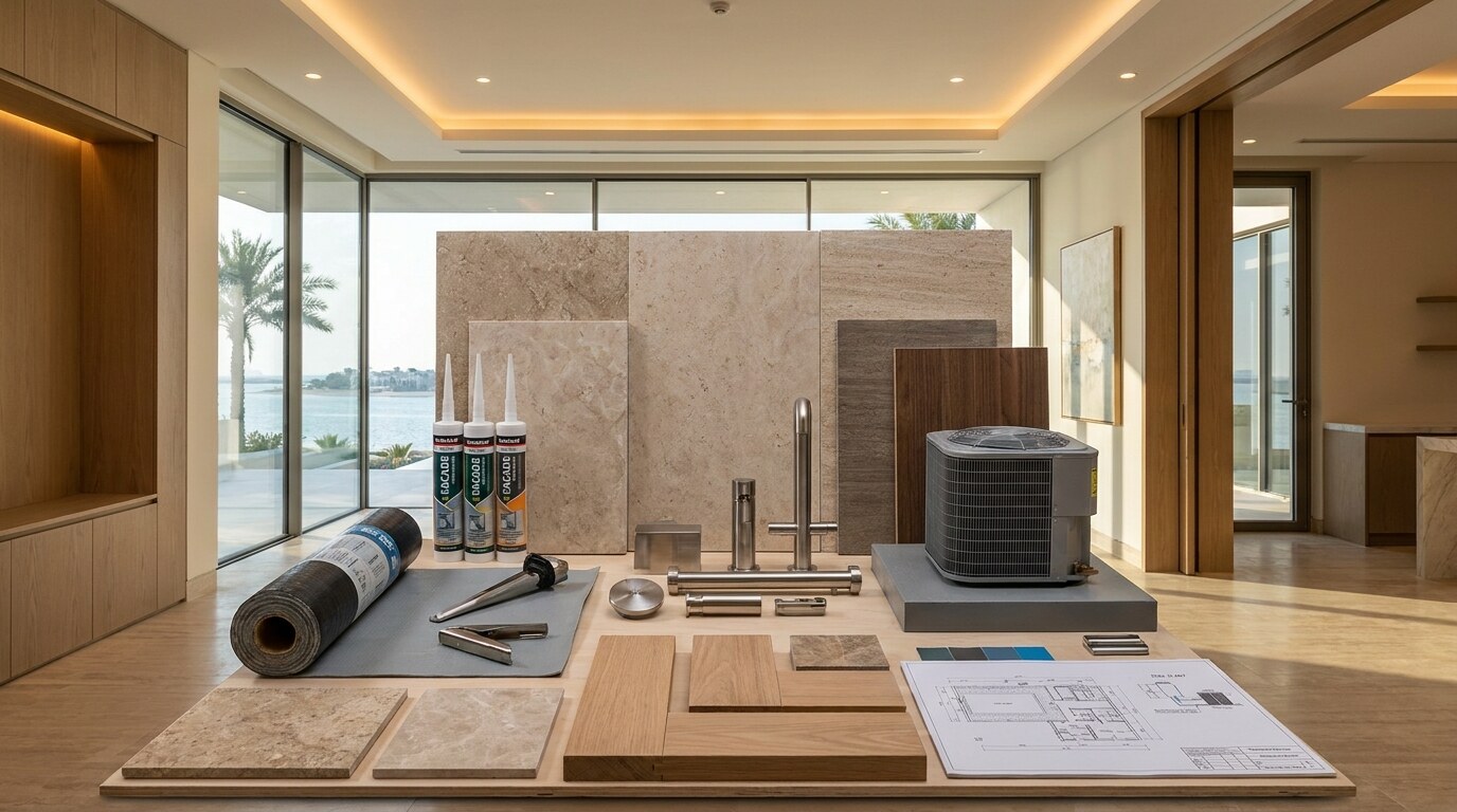 Palm Jumeirah Villa Renovation Costs: Why Island Work Adds 15 to 40 Percent visual reference 2 showing technical material board for coastal renovation with facade sealant, stainless hardware, HVAC condenser, and waterproofing layers